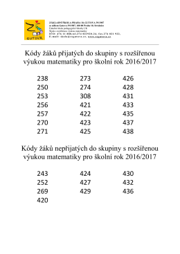 Kódy žáků přijatých do skupiny s rozšířenou výukou matematiky pro