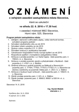 Oznámení o 16. veřejném zasedání zastupitelstva města Slavonice