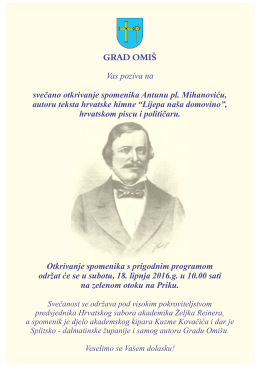 Vas poziva na svečano otkrivanje spomenika Antunu pl. Mihanoviću