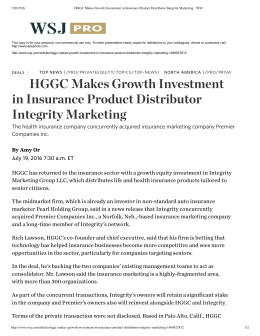 HGGC Makes Growth Investment in Insuran... Distributor Integrity