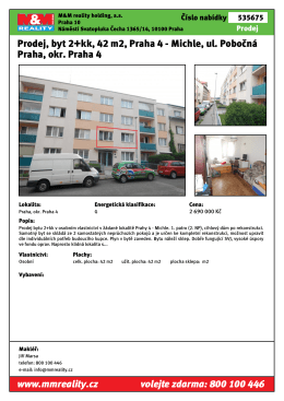 Prodej, byt 2+kk, 42 m2, Praha 4 - Michle, ul. Pobočná Praha, okr