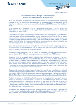 Nouvelle déclaration d`Aigle Azur concernant le vol ZI755 Toulouse