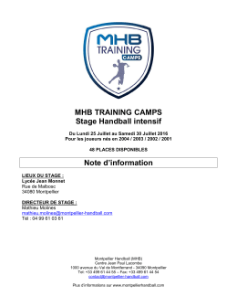 MHB TRAINING CAMPS Stage Handball intensif Note d`information