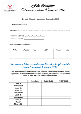 Fiche d`inscription Vacances scolaires Toussaint 2016