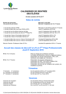 Calendrier rentree eleves 2016-2017
