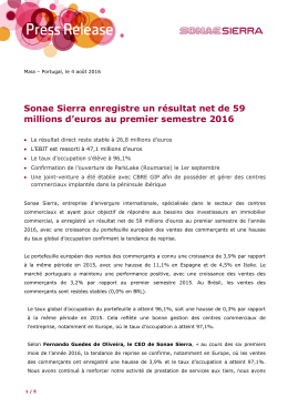 Sonae Sierra enregistre un résultat net de 59 millions d`euros au
