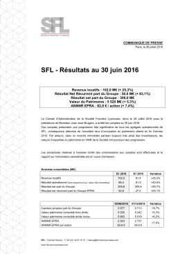 SFL - Résultats au 30 juin 2016