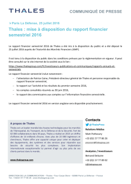Thales : mise à disposition du rapport financier semestriel 2016