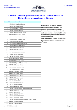 Liste des Candidats présélectionnés (niveau M1) au Master