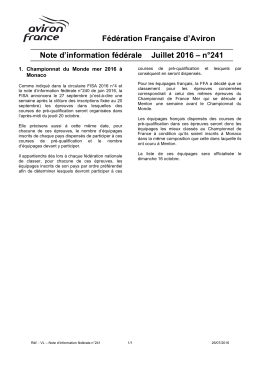 Note Info n°241 - Fédération Française d`Aviron