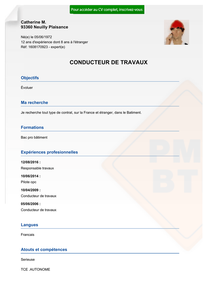 Recrutement CV CONDUCTEUR DE TRAVAUX réf Pmebtp