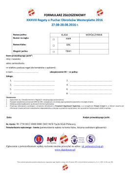Regaty o Puchar Obrońców Westerplatte 2016 Formularz zgłoszenia