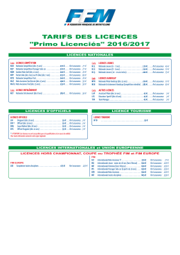 TARIFS DES LICENCES "Primo Licenciés" 2016/2017