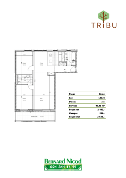 Etage 2ème Lot L2C21 Pièces 3.5 Surface 96.15 m² Loyer net 2`410