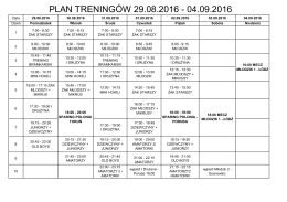plan treningów 29.08.2016 - 04.09.2016