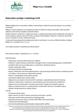 Rukovodioc prodaje i marketinga (m/ž) Milgor d.o.o. Goražde