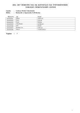 2016 - 2017 ÖĞRETİM YILI EK KONTENJAN İLE ÜNİVERSİTEMİZE