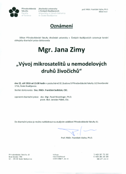 Mgr. Jana Zimy - Přírodovědecká fakulta JU