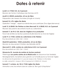 Dates à retenir - Secteur pastoral Bastide / Floirac