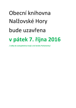Obecní knihovna Nalžovské Hory bude uzavřena v pátek 7. října 2016