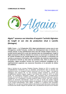 Algaia™ annonce son intention d`acquérir l`activité Alginates de