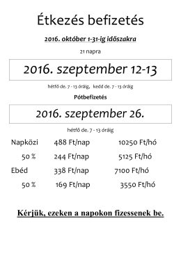 Étkezés befizetés 2016. szeptember 12-13