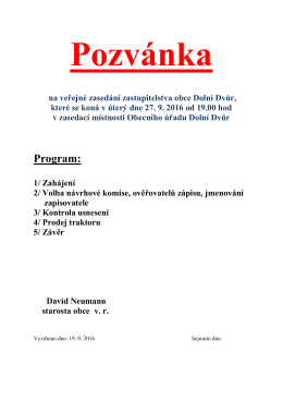 Pozvánka na zasedání ZO Dolní Dvůr dne 27. 9. 2016