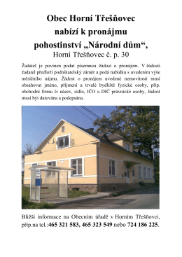 Obec Horní Třešňovec nabízí k pronájmu pohostinství „Národní dům“,