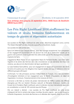 Les Prix Right Livelihood 2016 réaffirment les valeurs et droits