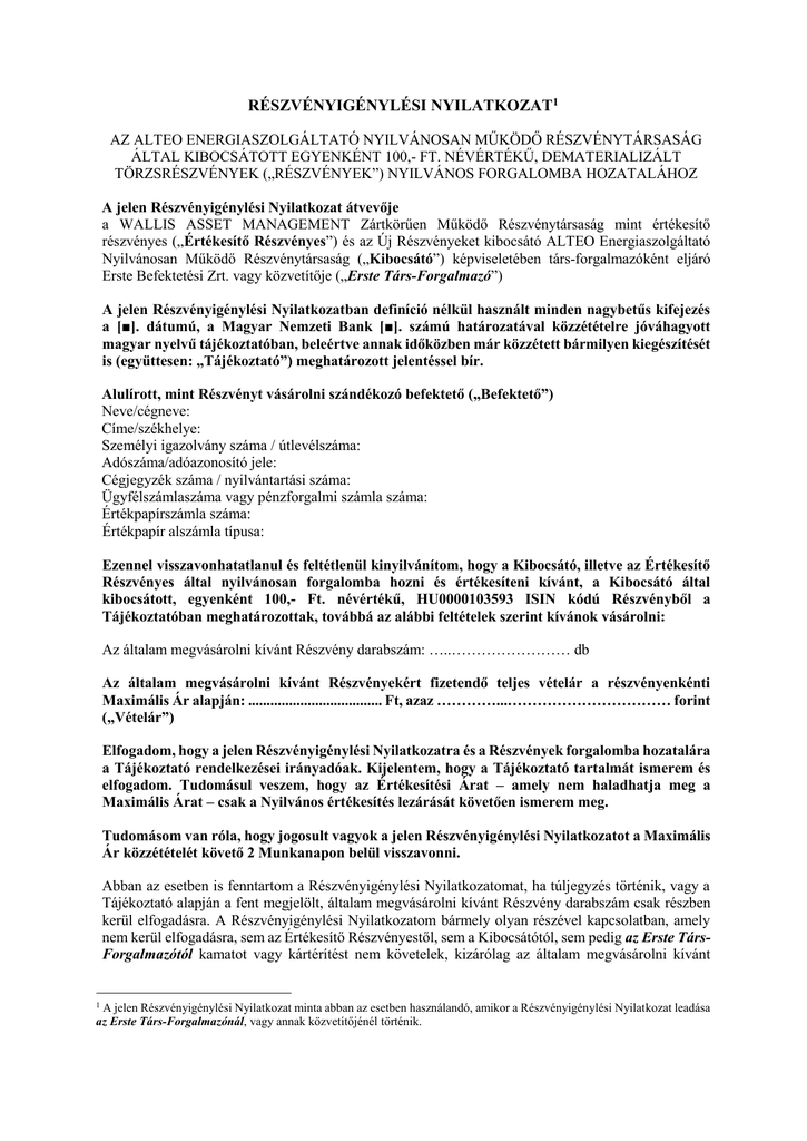 Reszvenyigenylesi Nyilatkozat Erste Befektetesi Zrt