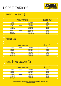 Yurtiçi Para Transferi Fiyat Tarifesi (Dolar, Euro, TL).indd