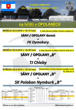 TJ Sokol Opolany zve na domácí fotbalová utkání v neděli 25.9.2016