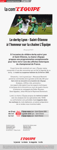 Le derby Lyon - Saint-Étienne à l`honneur sur la chaine L`Équipe