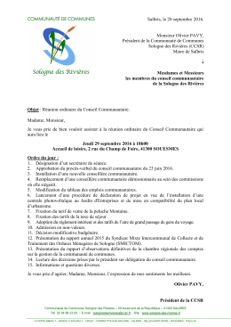 Objet : Réunion ordinaire du Conseil Communautaire. Madame