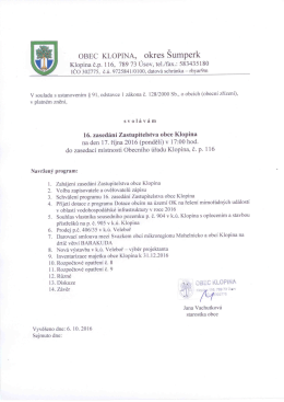 Pozvánka na 16.zasedání zastupitelstva obce Klopina