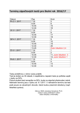 Termíny zápočtových testů pro školní rok 2016/17