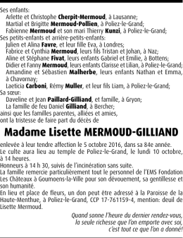 Madame Lisette MERMOUD-GILLIAND