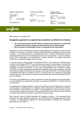Syngenta augmente sa capacité de production au Brésil et en Suisse