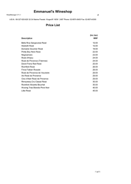 Price List - Emmanuel`s Wine Shop