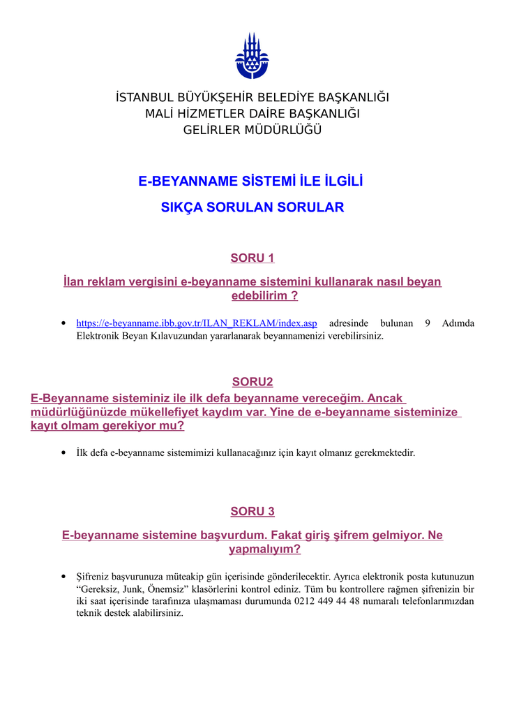 E Beyanname Sistemi Ile Ilgili Sikca Sorulan Sorular