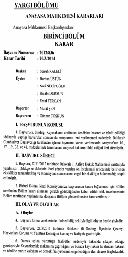Anayasa Mahkemesinin 20/3/2014 Tarihli ve 2012
