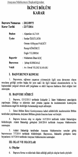 Anayasa Mahkemesinin 23/7/2014 Tarihli ve 2013