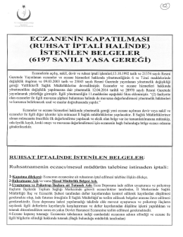 12-) Eczanenin Kapatılması, Ruhsat İptali Halinde İstenen Belgeler