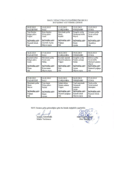 Şubat Ayı Yemek Listesi