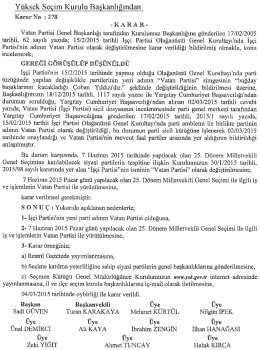 Y&uuml;ksek Se&ccedil;im Kurulunun 4/3/2015 Tarihli ve 278