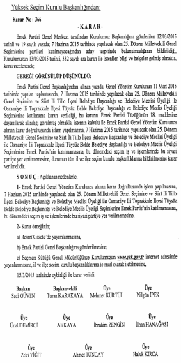 Y&uuml;ksek Se&ccedil;im Kurulunun 15/3/2015 Tarihli ve 366