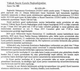 Y&uuml;ksek Se&ccedil;im Kurulunun 2/4/2015 Tarihli ve 500