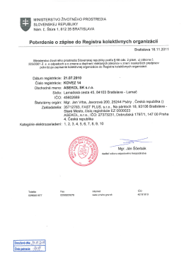 Potvrdenie o zápise do Registra kolektívnych organizácií