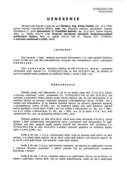Tretia zmena žaloby -uznesenie z 10. 9.2013