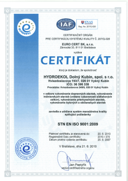 ISO 9001:2008 - Hydroekol Dolný Kubín spol. s.r.o.